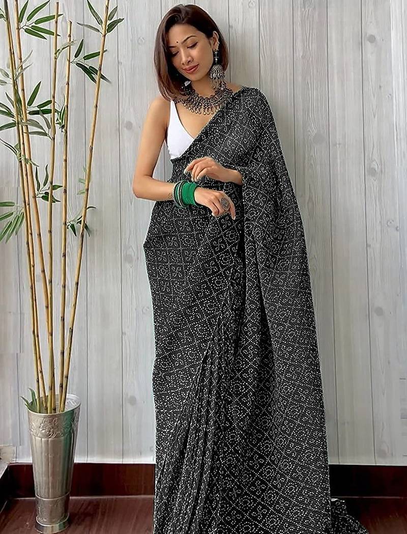 black bandhani georgette saree with unstitched blouse