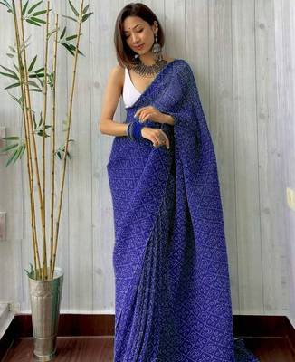 blue bandhani georgette saree with unstitched blouse 1