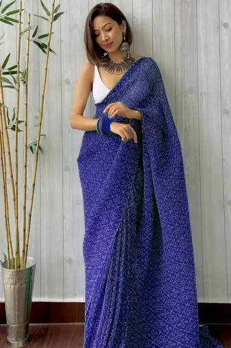blue bandhani georgette saree with unstitched blouse