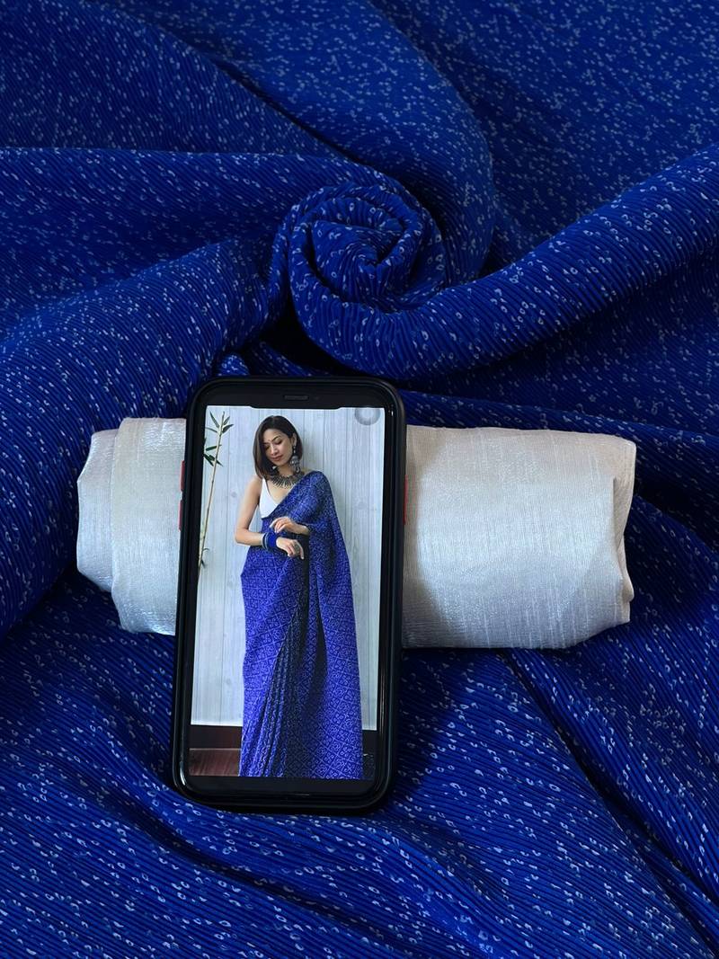 blue bandhani georgette saree with unstitched blouse