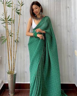 green bandhani georgette saree with unstitched blouse 1