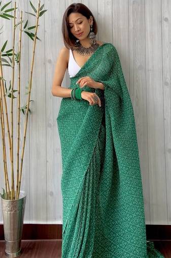 green bandhani georgette saree with unstitched blouse