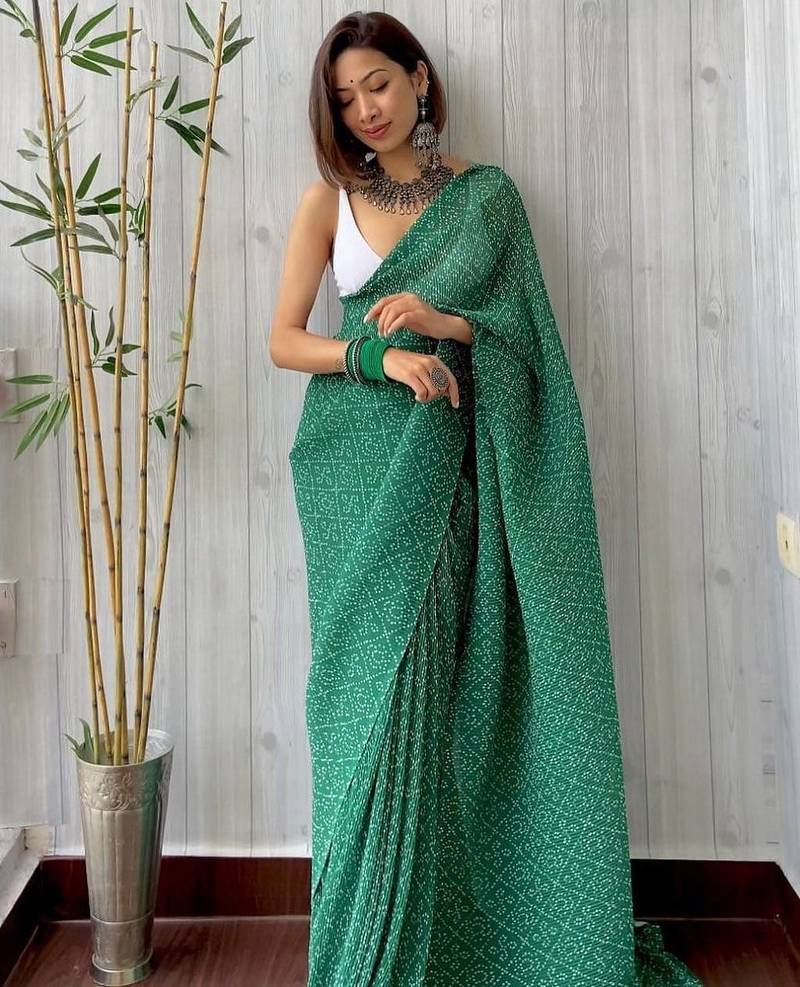 green bandhani georgette saree with unstitched blouse