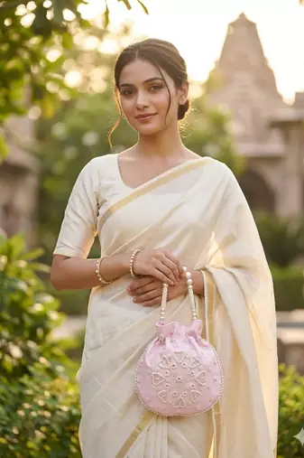 pink pearl embroidered potli bag 
