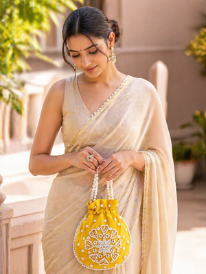 yellow pearl embroidered potli bag  3