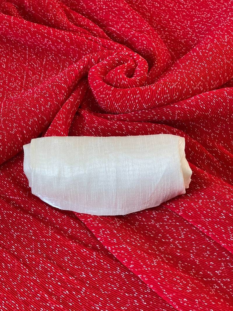 red bandhani georgette saree with unstitched blouse