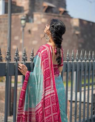 sky blue bandhani moss silk saree with unstitched blouse 2