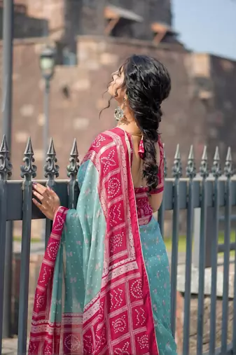 sky blue bandhani moss silk saree with unstitched blouse