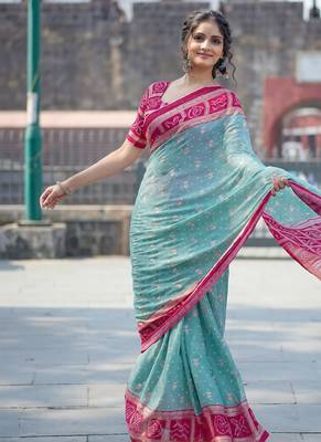 sky blue bandhani moss silk saree with unstitched blouse 3