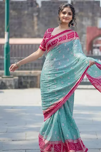 sky blue bandhani moss silk saree with unstitched blouse