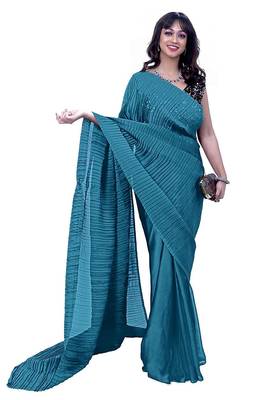 blue solid satin saree with unstitched blouse 1