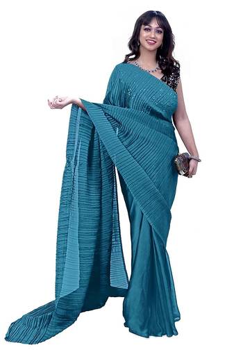 blue solid satin saree with unstitched blouse
