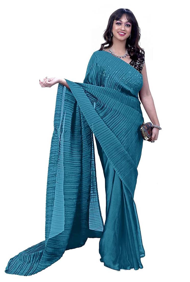 blue solid satin saree with unstitched blouse