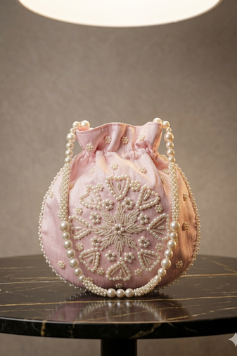 pink pearl embroidered potli bag 