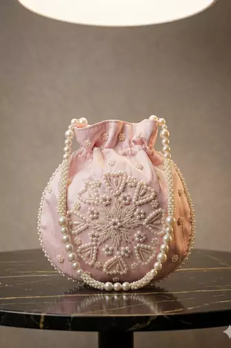 pink pearl embroidered potli bag 