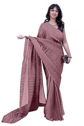 pink solid satin saree with unstitched blouse
