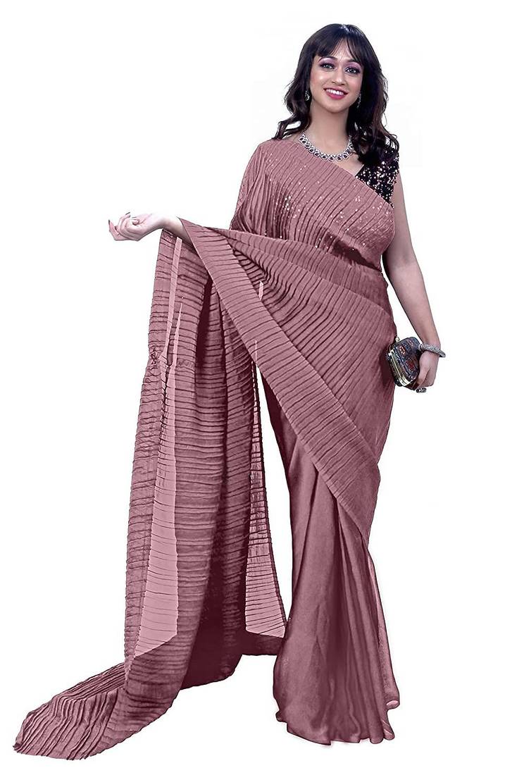 pink solid satin saree with unstitched blouse