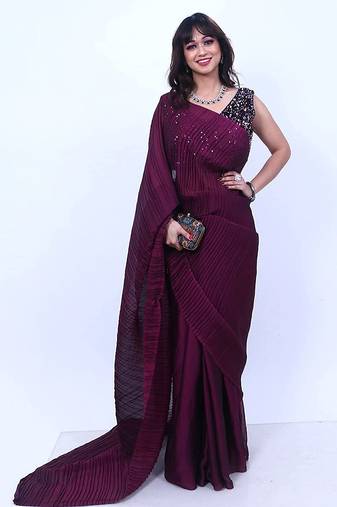 wine solid satin saree with unstitched blouse