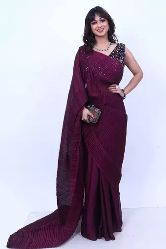 wine solid satin saree with unstitched blouse