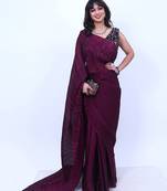 wine solid satin saree with unstitched blouse