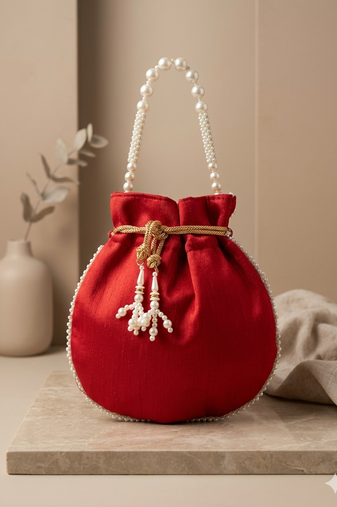 red pearl embroidered potli bag 