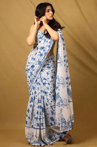 white printed georgette saree with unstitched blouse