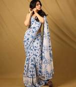 white printed georgette saree with unstitched blouse