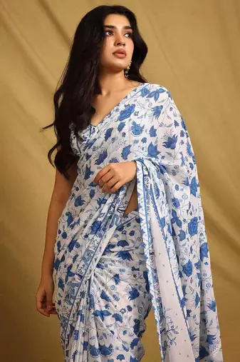 white printed georgette saree with unstitched blouse