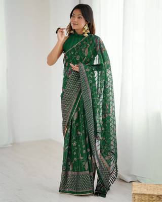 green foil print georgette saree with unstitched blouse 1