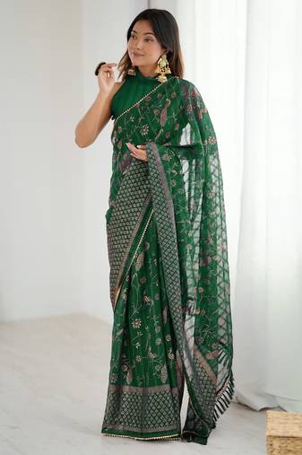 green foil print georgette saree with unstitched blouse