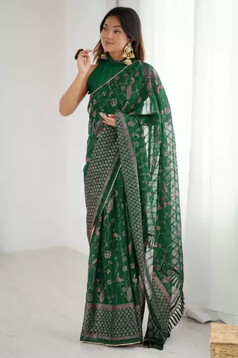 green foil print georgette saree with unstitched blouse