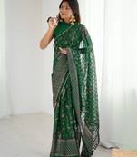 green foil print georgette saree with unstitched blouse