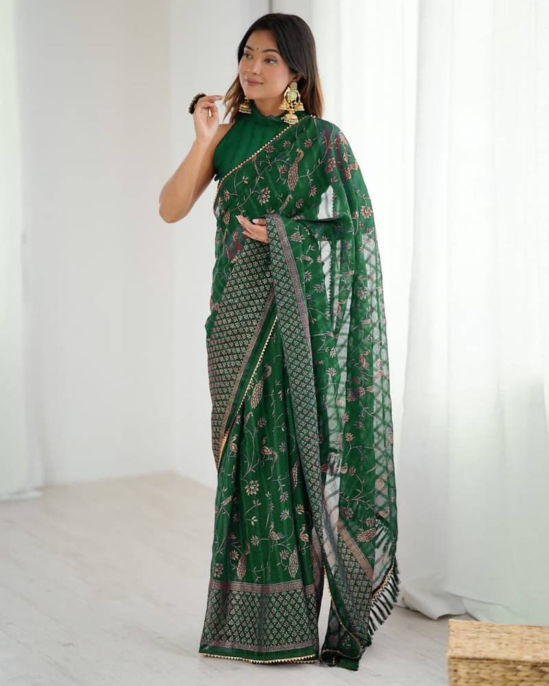 green foil print georgette saree with unstitched blouse