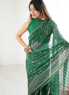 green foil print georgette saree with unstitched blouse 2