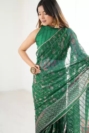 green foil print georgette saree with unstitched blouse