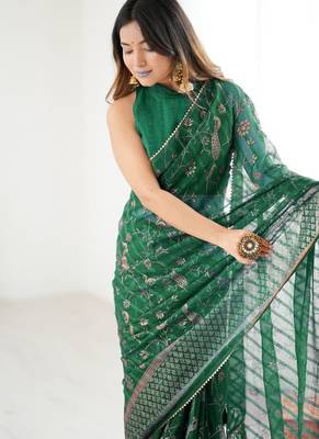 green foil print georgette saree with unstitched blouse 3