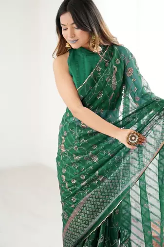 green foil print georgette saree with unstitched blouse