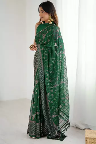 green foil print georgette saree with unstitched blouse