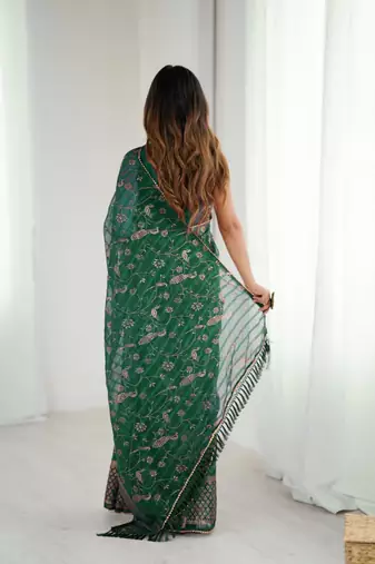 green foil print georgette saree with unstitched blouse