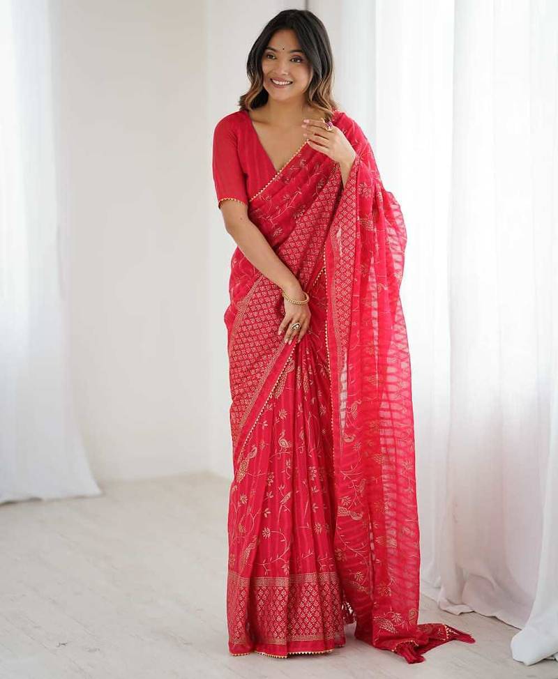 pink foil print georgette saree with unstitched blouse