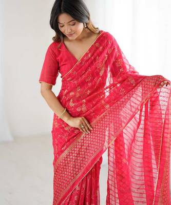 pink foil print georgette saree with unstitched blouse 2