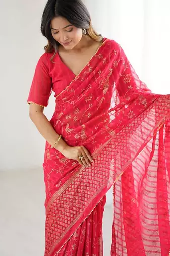 pink foil print georgette saree with unstitched blouse