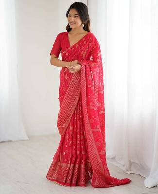 pink foil print georgette saree with unstitched blouse 3