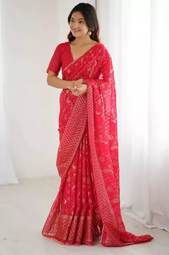 pink foil print georgette saree with unstitched blouse