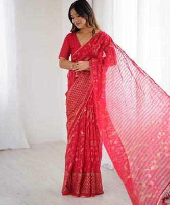 pink foil print georgette saree with unstitched blouse 4