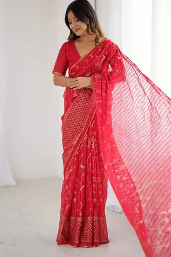 pink foil print georgette saree with unstitched blouse