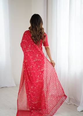 pink foil print georgette saree with unstitched blouse 5