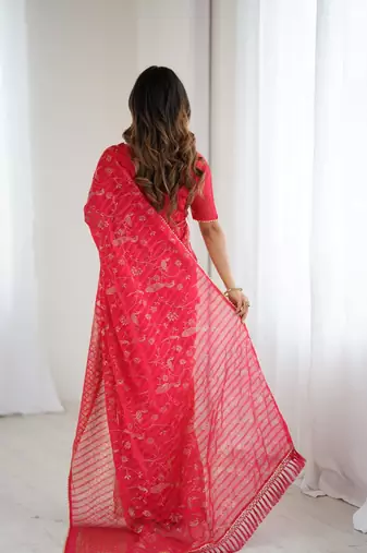 pink foil print georgette saree with unstitched blouse