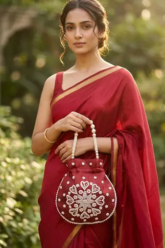 maroon pearl embroidered potli bag 