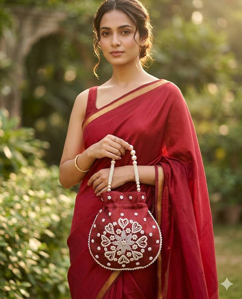 maroon pearl embroidered potli bag 